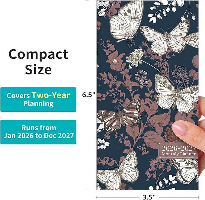 Pocket Calendar 2026-2027 for Purse, Two Year Monthly Planner Pocket Size 6.5" x 3.5", Jan 2026 - Dec 2027 Monthly Planner Small Calendar for School, Work and Home - Golden Flutter