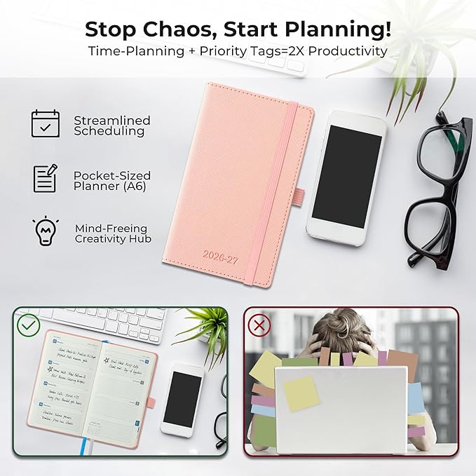 Weekly Monthly 2026-2027 Planner (July 26-Dec 27),6.5"x3.75",18 Months Agenda Plan with Month Tabs & Pocket,Expenses/Note Pages, Academic Calendar with Vegan Leather Cover,Pink