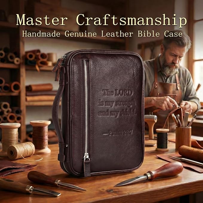 Full Grain Leather Bible Cover Case for Men, Mens Bible Covers Cases Leather Bible Protective Book Holder Carrying Case for Men with Handle Zippered Pocket