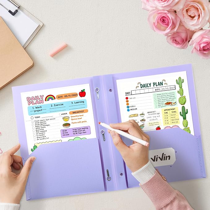 ViVin Sturdy Plastic Folder with Pockets,12 Pack,Heavy Duty Two Pocket 3 Prong Folders,Holds Letter Size Paper,File Folders with Business Card Slot for School Home and Office(Light Purple)