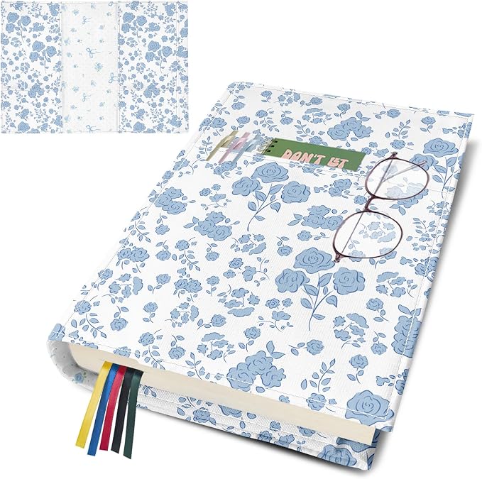 Blue Floral Paperback Book Cover Protector,Washable Soft Canvas Fabric Book Covers with Bookmark,Adjustable Double Side Print Book Dust Jacket Covers for Hardcover Novel Book Lovers Gift