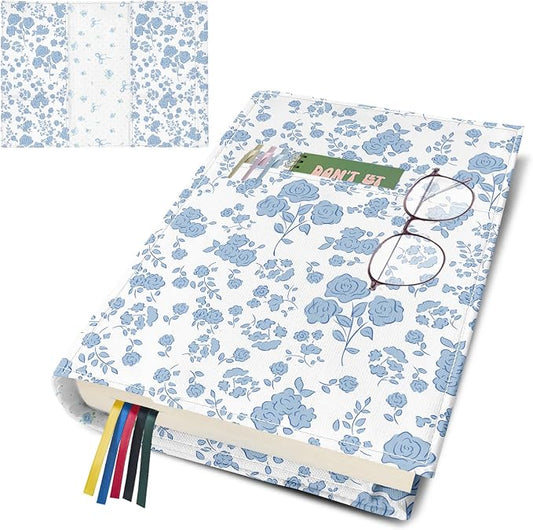 Blue Floral Paperback Book Cover Protector,Washable Soft Canvas Fabric Book Covers with Bookmark,Adjustable Double Side Print Book Dust Jacket Covers for Hardcover Novel Book Lovers Gift