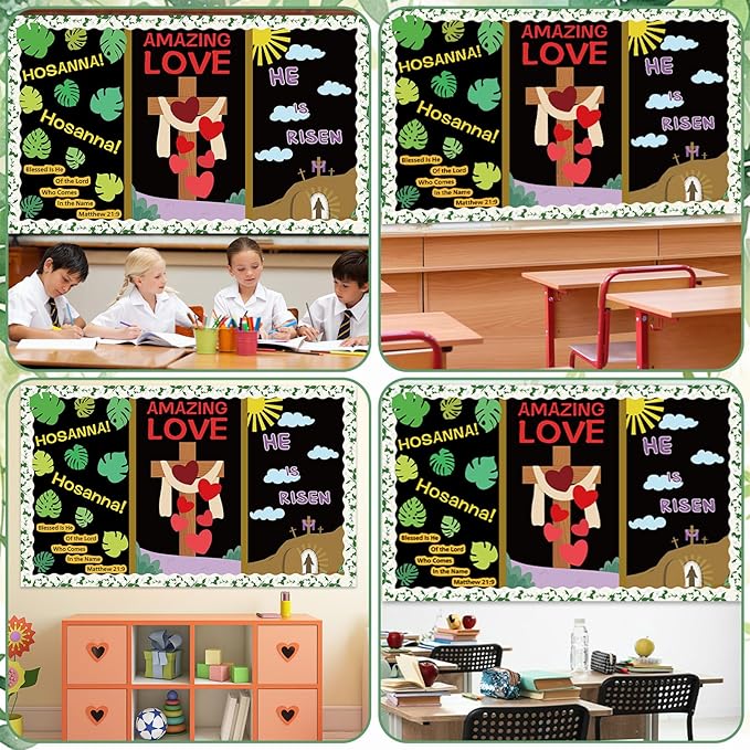 Easter Religious Bulletin Board Set Christian Jesus Classroom Decorations He is Risen Bulletin Board Easter Love Hearts Cross Jasmine Borders Cutouts for Sunday School Church Chalkboard Wall Decor