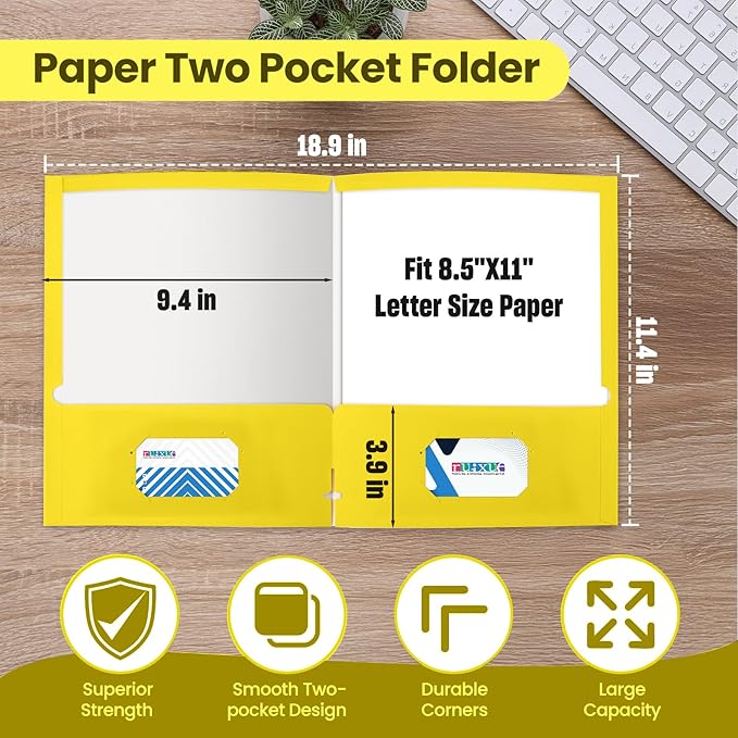 BIBRADAA® 50 Packs Yellow Folders,Paper Folder Surface with Waterproofing,Letter Size,Holds 100 Plus Sheets,for School,Office,Business. (50, Yellow)