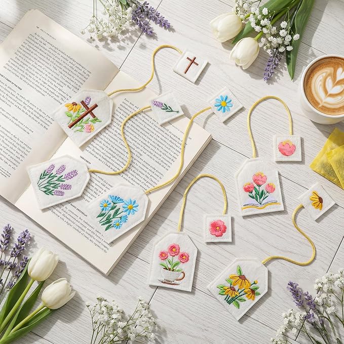 Honoson 6 Pcs Bookmarks Tea Party Favors Garden Coquette Design Bookmarks Cute Hand Embroidered Gift for Women Mom Mother's Day Book Reading Lovers Gift (Flower,Felt)