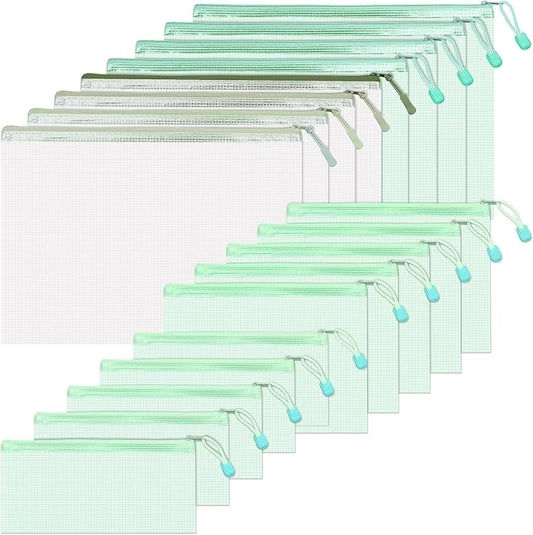 BAYTORY 18Pcs Mesh Zipper Pouch Bags, Clear Waterproof Document Bag, Assorted Color File Pockets, Large Capacity Plastic File Jackets, Multipurpose for Travel School Office and Home (Green)