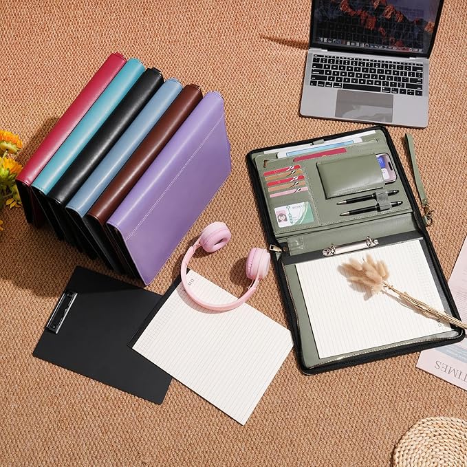 Wason A4 Portfolio with Zipper - Leather PU Padfolio with Detachable Ring Binder and Writing Notepad Holder, Conference File Multi-Pockets Organizer for Office Travel School (Green)