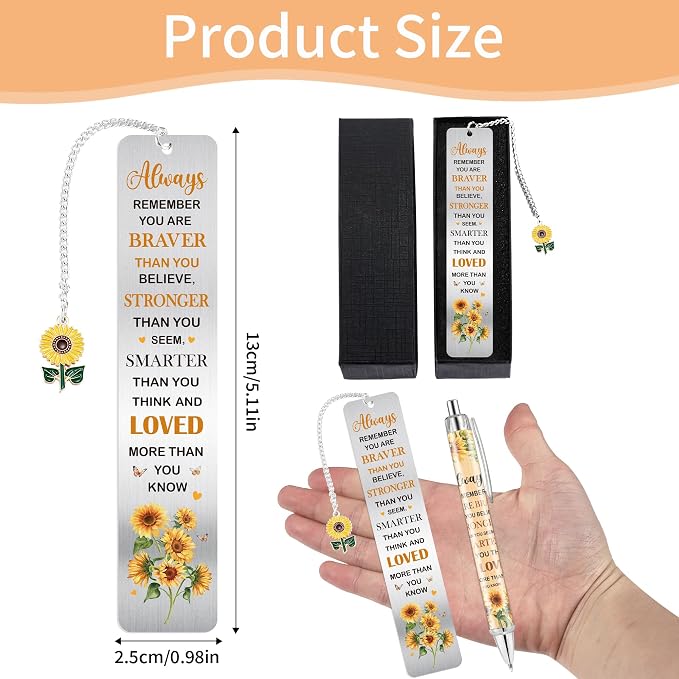 Inspirational Sunflower Bookmarks and Pen Set, Bookish Gifts for Reading Women Teens Girls Book Lovers