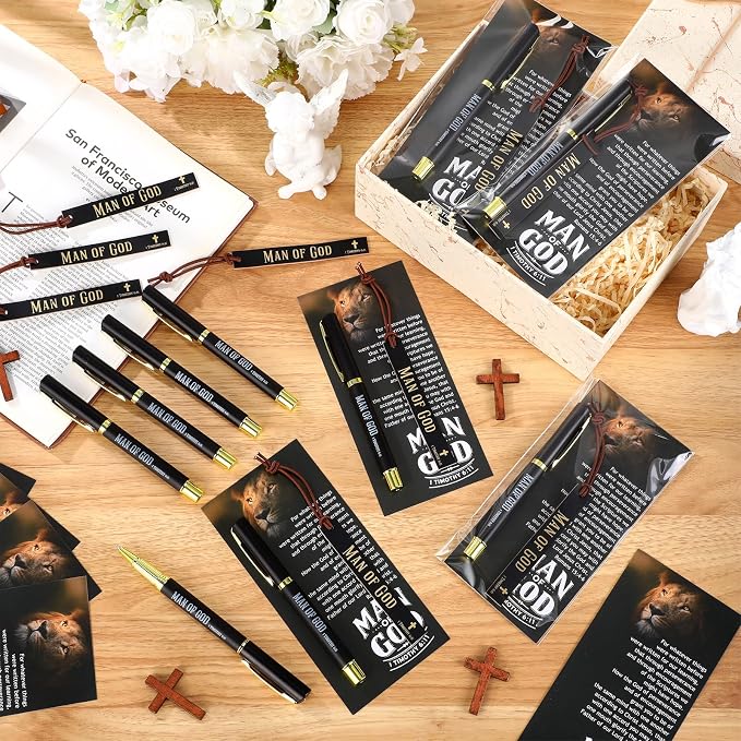 Skyygemm 50 Sets Fathers Day Christian Gifts for Church Man of God Gifts Bulk Bible Verse Pens Leather Bookmarks Religious Cards Appreciation Gift for Church Men Pastor Dad Godfather Clergy