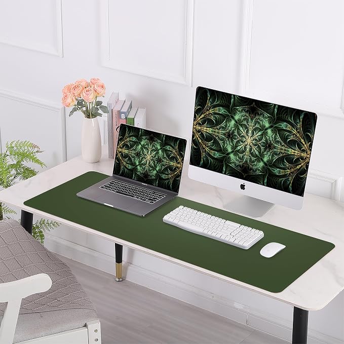 AFIING Leather Desk Pad Protector, Large Desk Mat with Natural Cork & PU Leather, Mouse Pad, Non-Slip, Waterproof Desk Writing Pad for Office and Home, Military Green