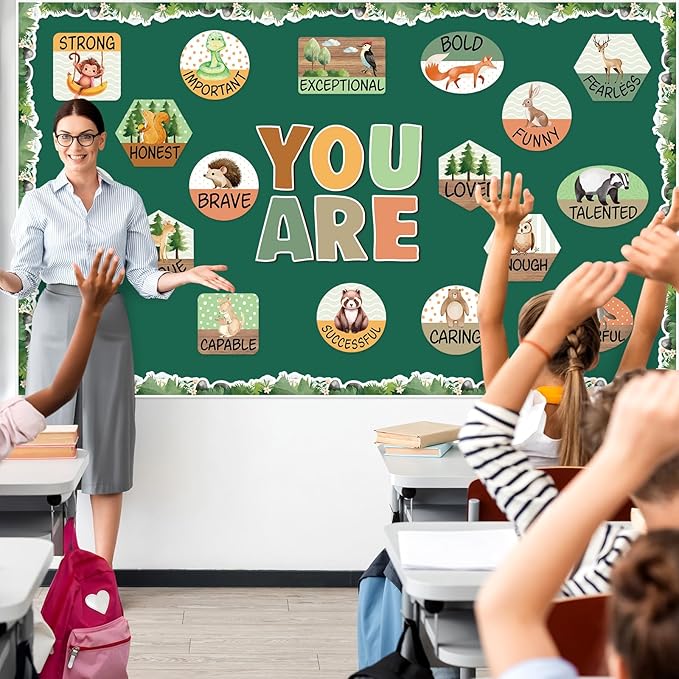 gisgfim Woodland Animals Inspirational Bulletin Board Decorations Set Jungle Safari Animal Motivational Paper Cutouts Woodland Animal Positive Bulletin Board Decor for Teacher School Chalkboard Wall