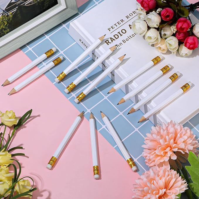 Zonon 72 Pcs 4 Inch White Golf Pencils Small Mini Half Pencils with Eraser Wedding Pre Sharpened Hexagon 2 Short HB Gifts for Bridal Shower Office Writing Drawing Gift(White)