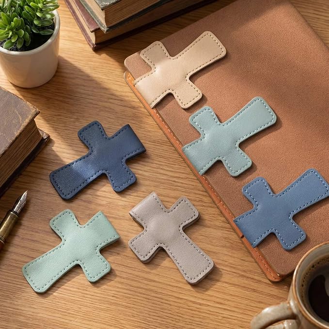 Relaxweex 6 Pcs Cross Leather Magnetic Bookmarks for Women Christian Bookmarks Page Markers Colorful Religious Cross Bookmark for Women Students Teachers Book Lovers Reading Supplies (Blue-Gray)