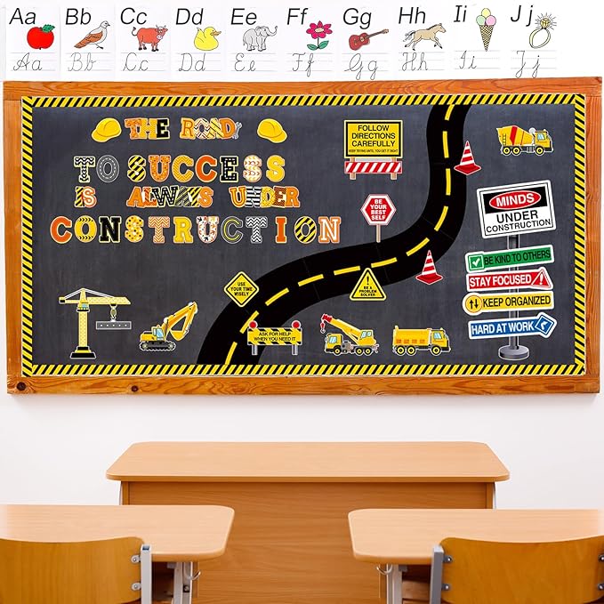 Honoson 71 Pcs Construction Bulletin Board Decorations Road to Success Bulletin Boards Construction Inspirational Classroom Decors for Library Classroom Positive Chalkboard Wall Decor(Road)