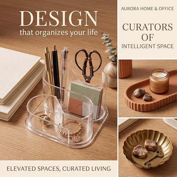 Desk Top Organizer, Aesthetic Pen Pencil Holder for Desk, Small Office Teacher Desktop Organizers and Accessories (Clear)