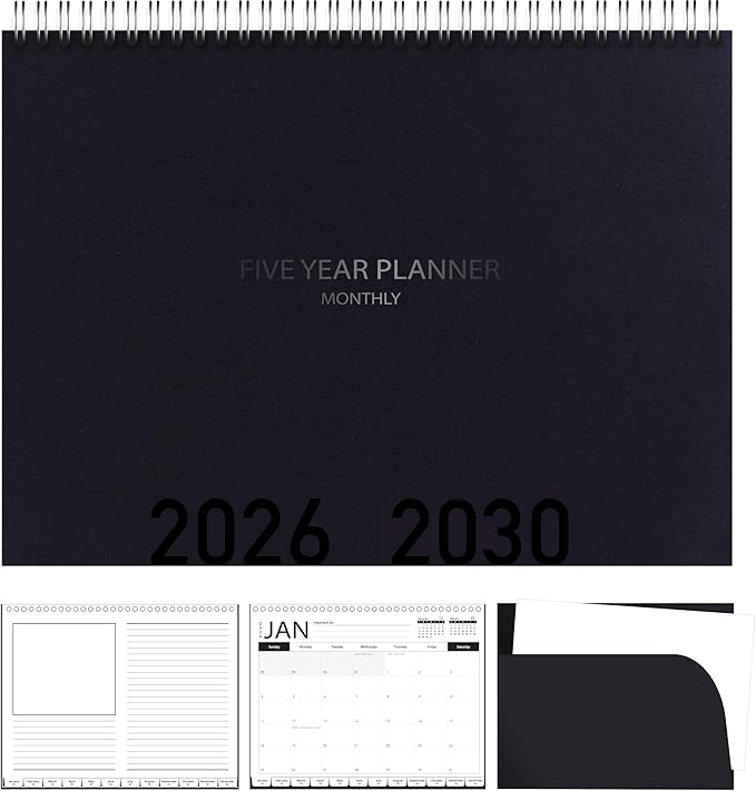 5-Year Calendar Planner, 2026-2030 Monthly Schedule Organizer Flip Calendar Diary with Tabs, Spiral Bound Top, Black, 8 ½” Wide x 11” Long