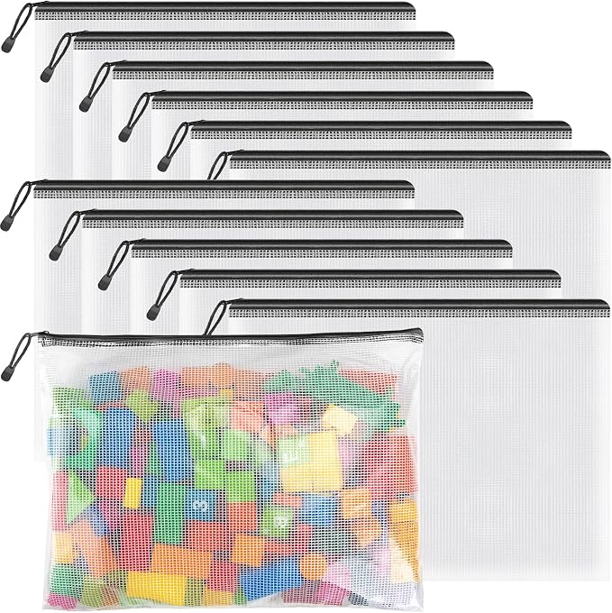 Umriox Mesh Zipper Pouch, 14.9x11.0 in (Black, 12 Packs), Toy Storage Bags, Waterproof Zipper Bags for Office Supplies, Puzzles, Board Game Storage & Cross Stitch Projects