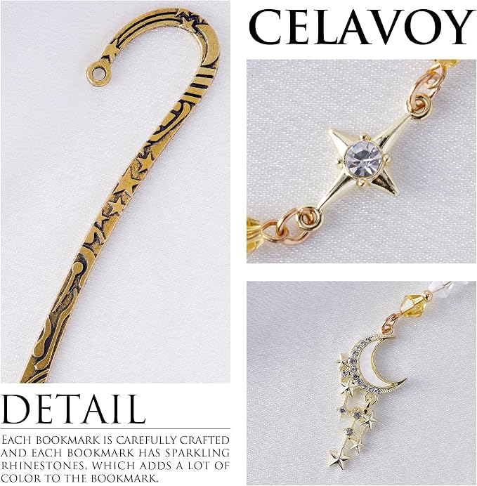 Fantasy Moon Metal Bookmark - Vintage Hook Book Marks Page Mark with Beaded Gold Star Charm for Women Girls Students Teachers Bookworms Reading Lovers Birthday Gifts School Accessories