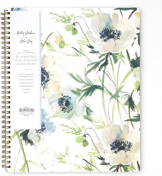 Blue Sky Kelly Ventura 2026 Weekly and Monthly Planner Calendar, January 2026 - December 2026, 8.5" x 11", Flexible Cover, Laminated Tabs, Durable Twin Wire Binding, Storage Pocket, Anemones