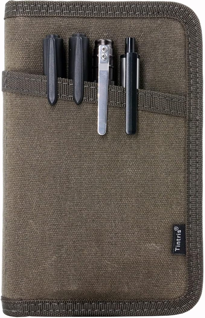 Tintris Journal Cover for Field Notes Notebooks Moleskine Cahier 3.5 x 5.5 with zipper pen holder, Water Resistant Pocket Notebook Cover for Journal Notebook planner, Classy Waxed Canvas, Olive