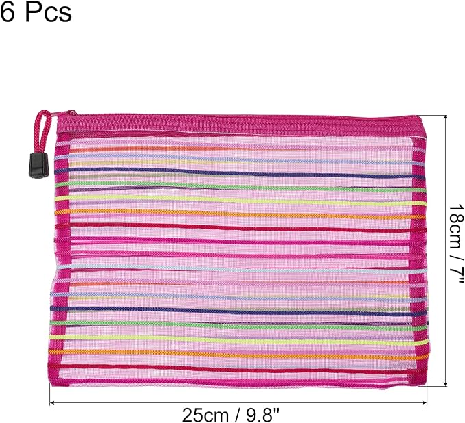 MECCANIXITY Mesh Zipper Pouches, A5 Colorful Pencil Case Document File Bags Storage Organizer for Office Supply Travel Accessory, Rose Red Pack of 6