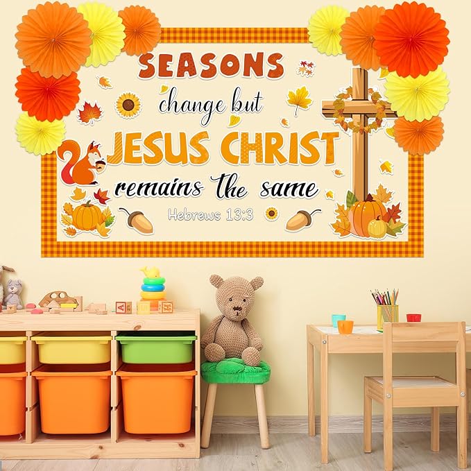 Fall Jesus Christian Bulletin Board Decorations Set with 3D Tissue Paper Flower Fall Thanksgiving Classroom Bulletin Board Border Autumn Maple Leaves Pumpkins Cutouts for Library Chalkboard Supplies