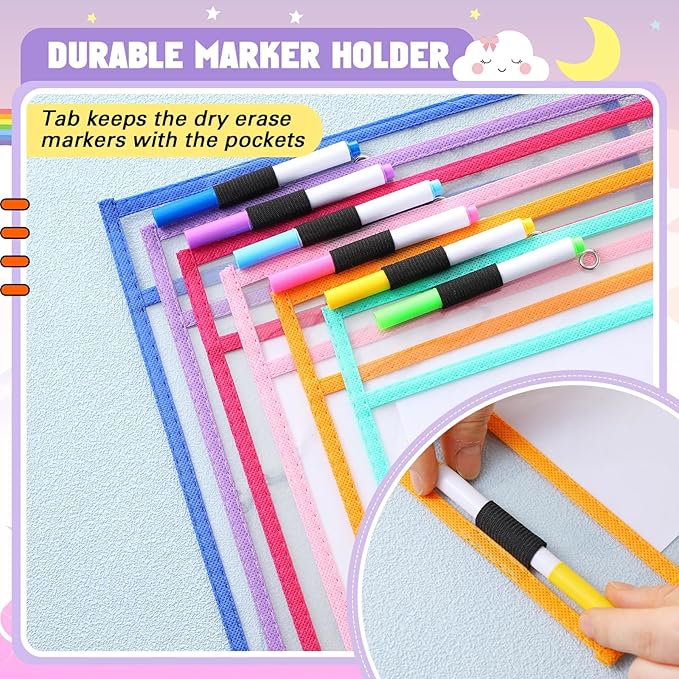 24 Pcs Dry Erase Pocket Reusable Sleeves 10" x 14" Clear Plastic Sheet Protectors with Markers and Mini Dry Erasers for Paper(Happy Day Color)