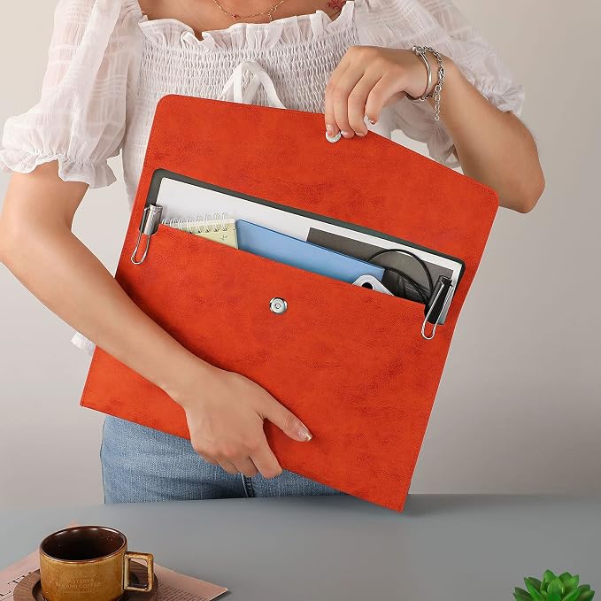 PU Leather A4 File Folder Document Holder Waterproof Portfolio Envelope Folder Case with Snap Closure Red