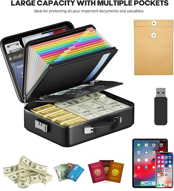 Fireproof Document Box, Hard Case Highly Flame-Resistant Fire Proof Waterproof File Organizer with Lock, Portable Fire Safe for Important Documents & Valuables Storage (Black, ‎15"*11"*5")