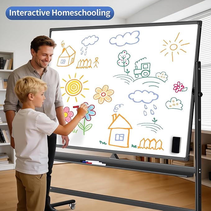 Mobile Whiteboard 48x32 for Office & Homeschool - Double-Sided Magnetic Dry Erase Board on Wheels - 360° Reversible Standing Easel for Agile Presentations & Classroom Teaching