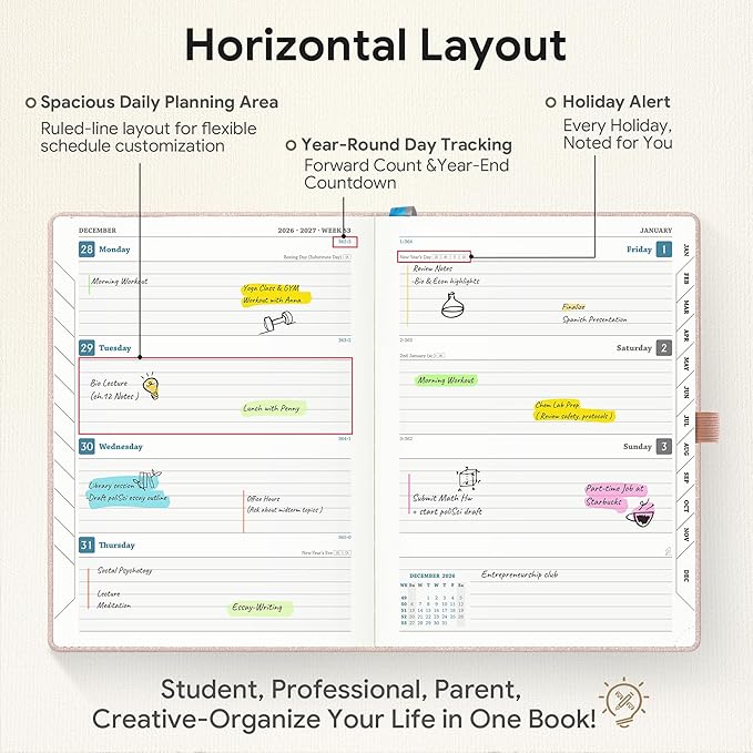 Planner 2026-2027 Weekly & Monthly Planner, 18 Month Academic Calendar July 2026 – Dec 2027, Horizontal Layout with Monthly Tabs, Textured Fabric Hardcover, Pink