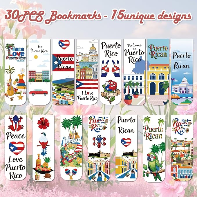 Wxiben Puerto Rico Magnetic Bookmarks Gifts - 30 Pcs Puerto Rico Travel Souvenirs Bookmark Flags Frog Flowers Magnets Book Marks Page Clip for Patriotic Latin American Spanish Party Favors