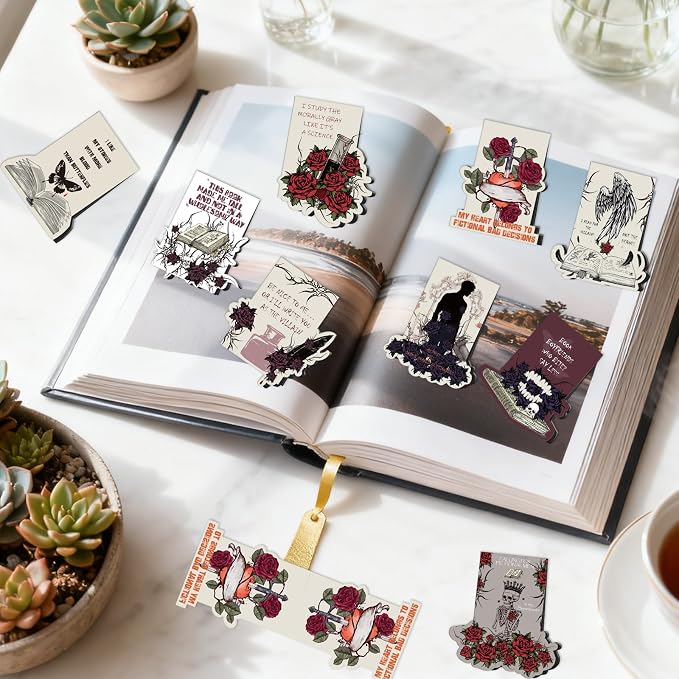 Dark Romance Magnetic Bookmarks for Women - Wxiben 10 Pcs Gothic Flower Skull Magnet Book Page Markers Funny Rose Skeleton Bookmark Clips Gifts for Men Book Lovers Romance Reader Office Supplies