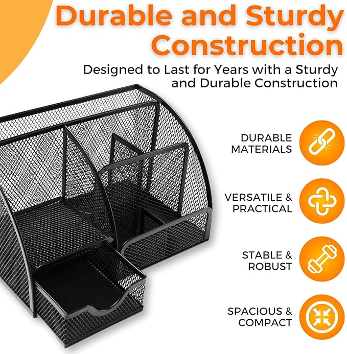 Mesh Desk Organizer - Office Accessories with Sticky Notes, 6 Compartments & Drawer, Pen Holder for Home, School