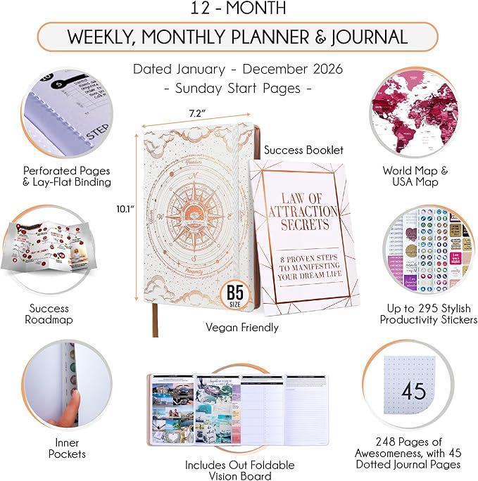 Deluxe 2026 Planner Weekly and Monthly | Law of Attraction Planner with Productivity App | 12-Month for Productivity, Gratitude & Goal Setting | Includes Foldable Vision Board, Gift Box & Stickers