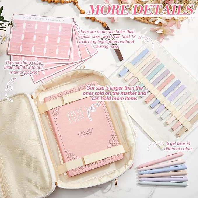 Sinload Quilted Bible Cover Case for Women 12 x 9 x 2.5 Inch Bible Chenille Letter Bag with Shoulder Strap Carrying Tabs 6 Colored Pens 12 Highlighters Christian Church Study Gifts(Pink,Love Bow)