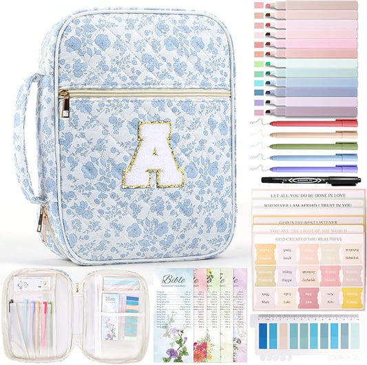 XKDOUS Bible Cover for Women Quilted Bible Bag Church Book Carrying Case with Letter A, Handle, Study Supplies Organizer Portable Church Book Carrier Christian Gifts for Mom, Lady