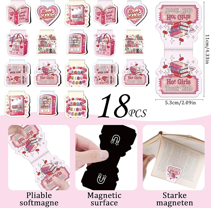 Cute Bookish Magnetic Bookmarks - 18 Pcs Pink Girly Book Marks Gifts Magnet Bulk Funny Page Marker Clip for Reading Lovers Women Girls Readers Students Teachers School Birthday Accessories