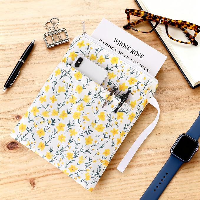 Book Sleeve with Zipper, 11''x 9'' Waterproof Paperback Sleeve for Book Lovers Books Pouch Cover with Handle for Hardcovers Kindle Sleeve for Reader Teacher Women (Yellow flower, 11x 9 inch)