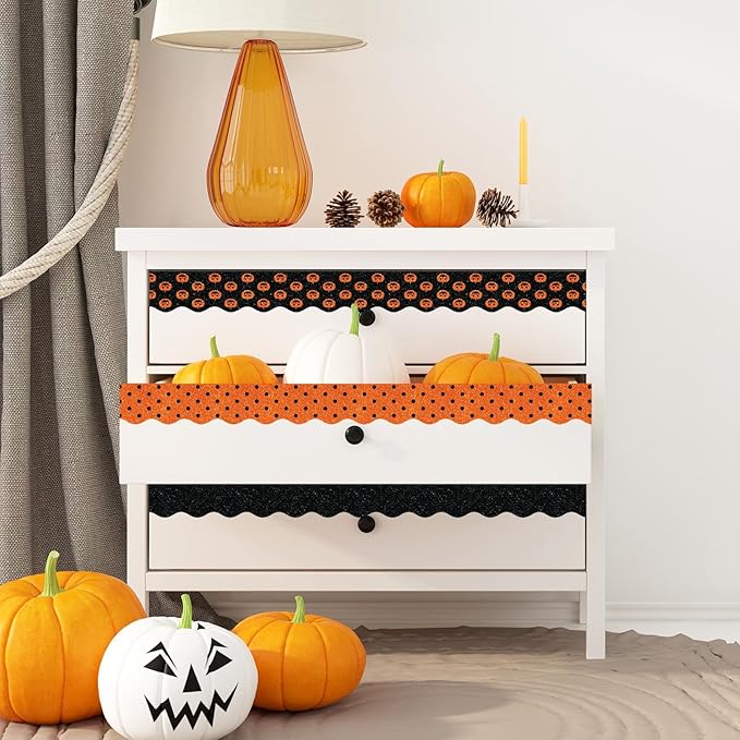 Whaline 69Ft Halloween Bulletin Board Borders Glitter Orange Black Decoration Borders Pumpkin Stripe Dot Trim Border Bulletin Board Stickers for School Classroom Office Halloween Party Decoration
