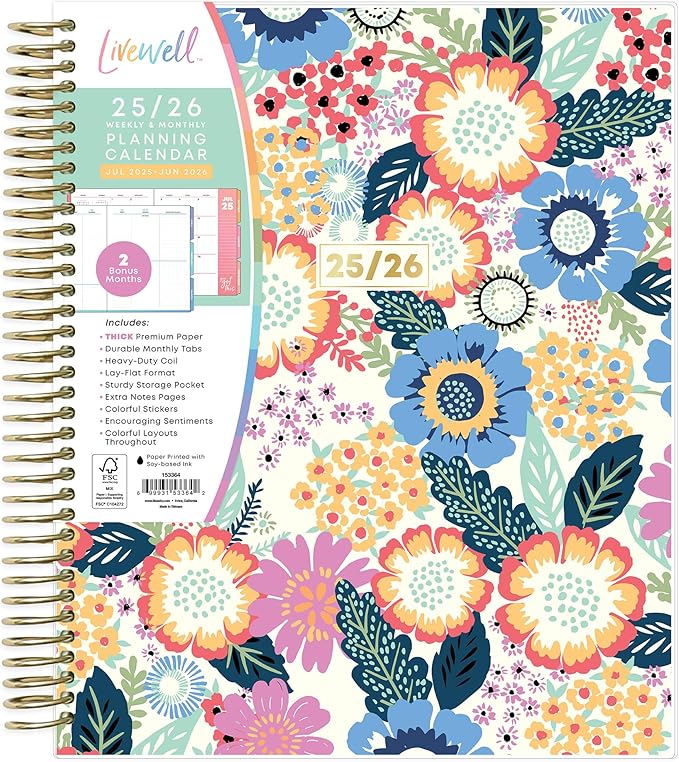 Blue Sky Livewell Weekly and Monthly Academic Year Planner Calendar, July - June, Flexible Cover, Wirebound, Colorful Interior, Laminated Tabs, Storage Pocket, Includes Stickers, Charmie (Charmie- 2025/2026, 7" x 9")