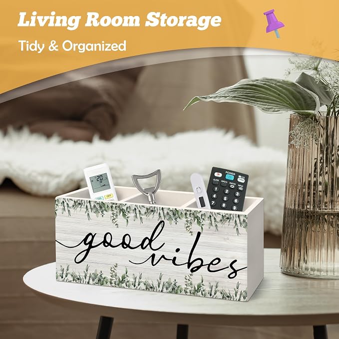 Inspirational Good Vibes Pen Holder Organizer for Desk Accessories, Motivational Botanical Wooden Box Sign Desk Decorations for Girls Room Bedroom Decor, Inspirational Gifts for Women