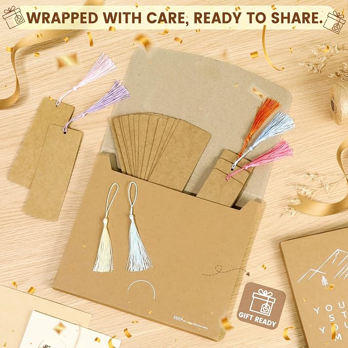 102 pcs Blank Bookmarks with Colorful Tassels – 350gsm Cardstock Bookmark Blanks for DIY Crafts, Holiday Gift Tags, Classroom Projects & Reading Rewards – 5.5 x 2 inch Bookmark Kit (Brown)