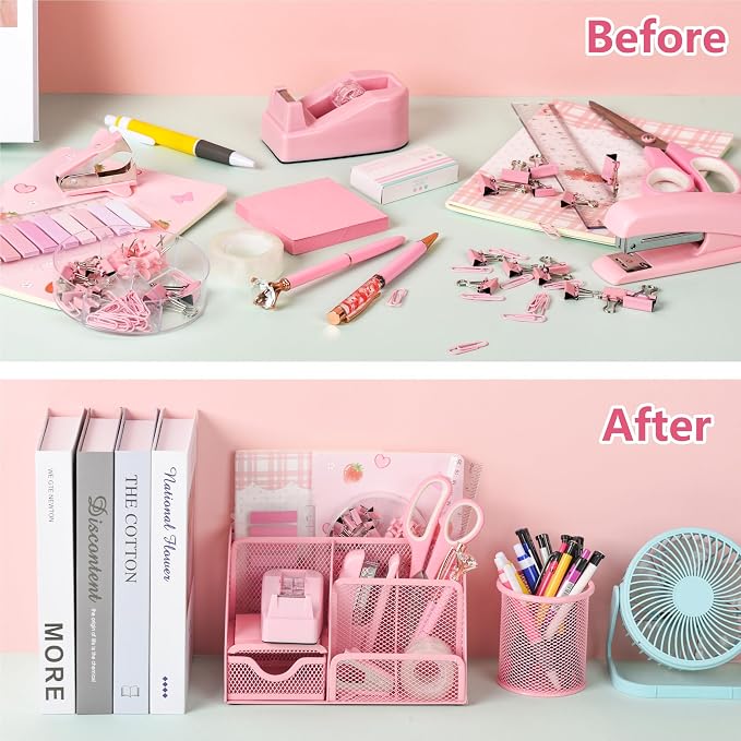 Fayoo 11 Pcs Pink Office Supplies Set Mesh Desk Organizer Accessories Kit include Stapler Tape Dispenser Staple Remover Clips Ruler Scissors Sticky Notes for Office School Home Women (Pink)