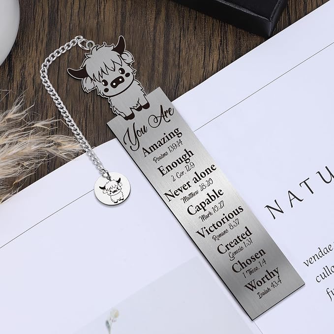 Bible Verse Bookmark Gifts - Highland Cow Lover Christian Metal Book Marks Women Inspirational Mental Animal Page Marker Study Supplies Reading Men Kids Student Teacher School Accessories