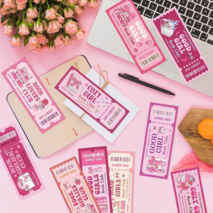 Laffact Pink Bow Reading Bookmarks - 240Pcs Cute Cozy Girl Ticket Style Book Club Gifts, Library Bookish Books Page Marker, Readers Accessories Reading Tracker for Book Lover Bookish Romance Reader