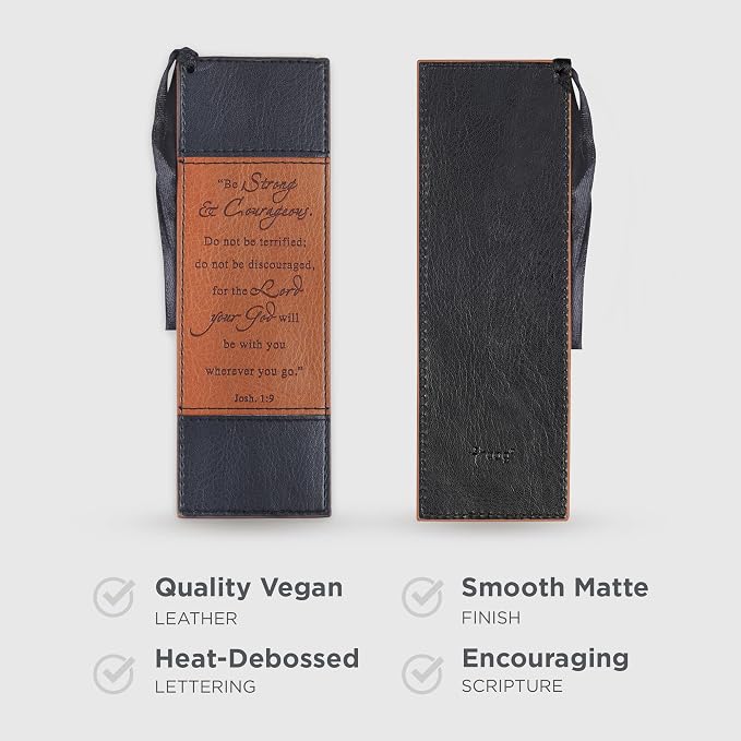 Christian Art Gifts Vegan Faux Leather Scripture Bookmark for Men: Strong and Courageous - Joshua 1:9 Inspirational Bible Verse, Heat-Debossed, Faith-Based Reading Accessory with Tassel, Black & Tan