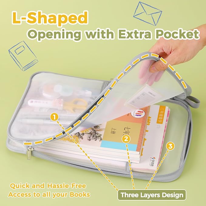 Pendancy Mesh Zipper Pouch 14.8x10.8 in Transparent Lightweight Nylon File Folders, A4 Size Multi-layer Subject Document Organizer Accessories Storage bag for Office and School Supplies(Gray)