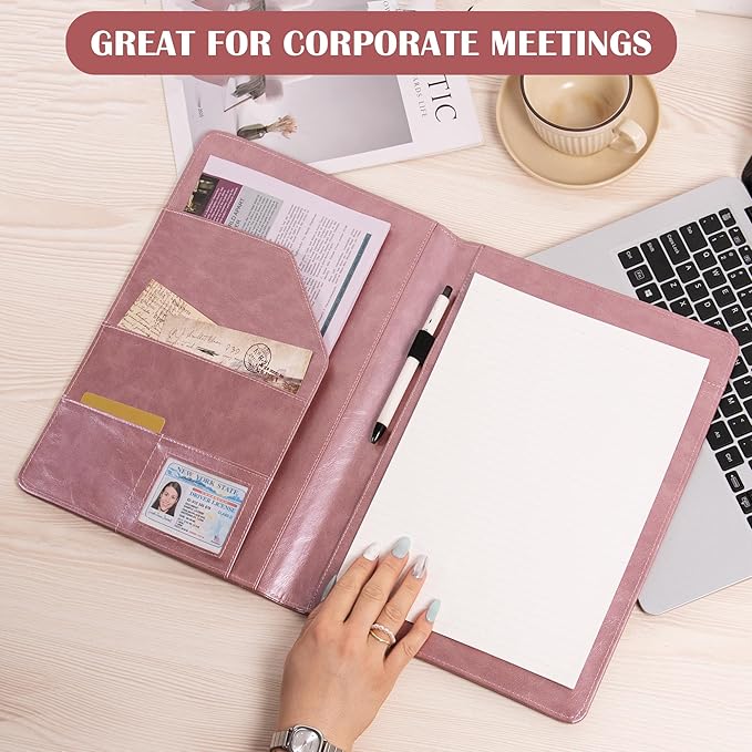 Free Engraved Name,Padfolio Portfolio PU Leather Binder,Interview Resume Folder,Business Card Holder, Organizer with A4 Legal Pads for Men Women(Rosegold,Custom)