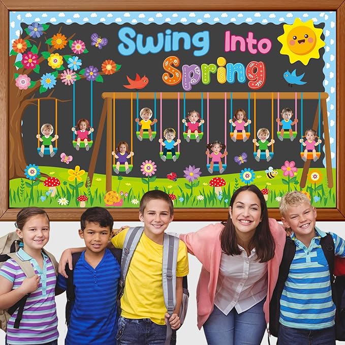 70Pcs Spring Bulletin Board Classroom Decorations Swing into Spring DIY Photo Cutouts Decoration Swing Flowers Butterflies Birds Trees Paper Cutouts for Classroom Office Chalkboard Wall Door Decor